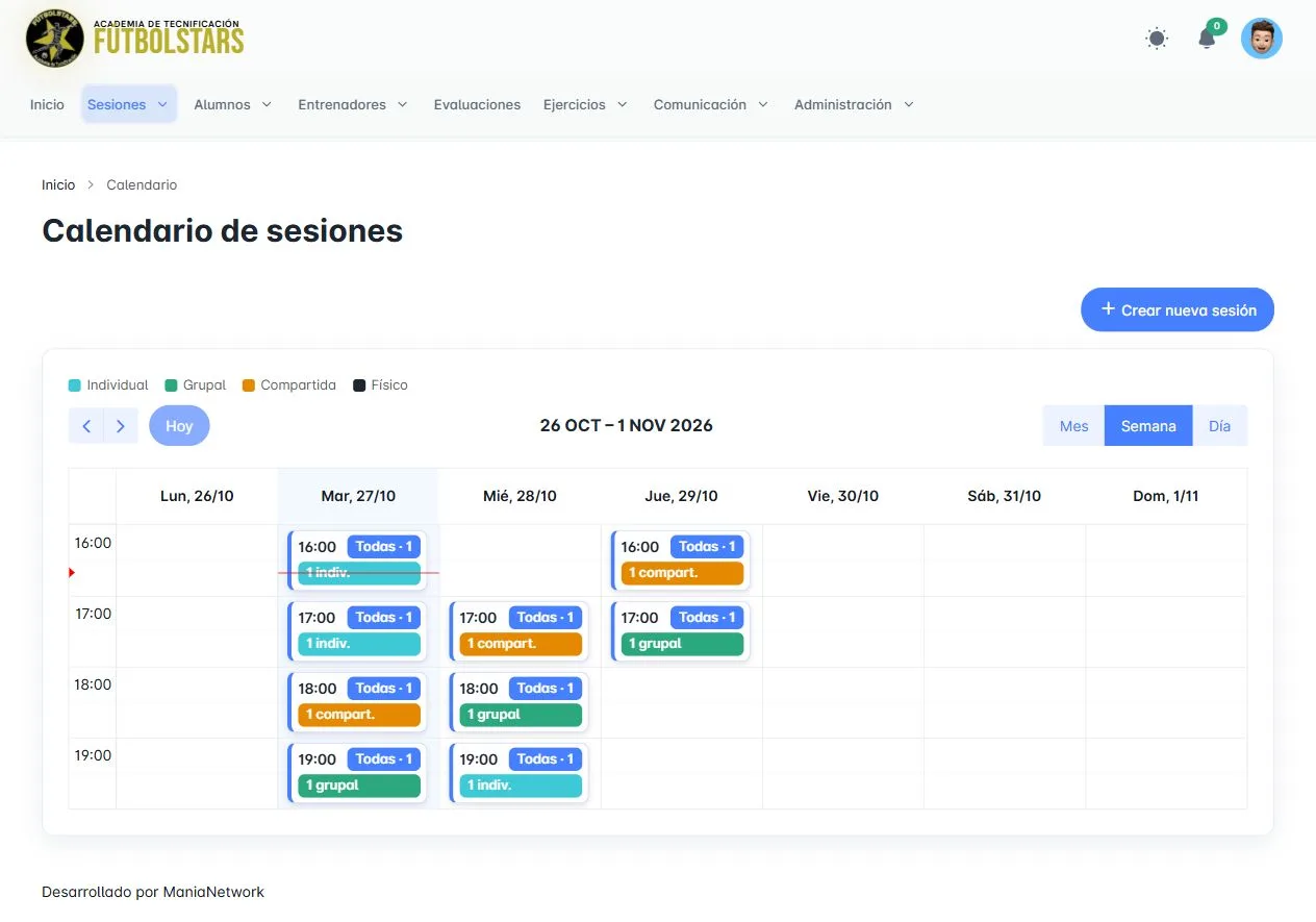 Calendario semanal de sesiones de entrenamiento agrupadas por hora y tipo