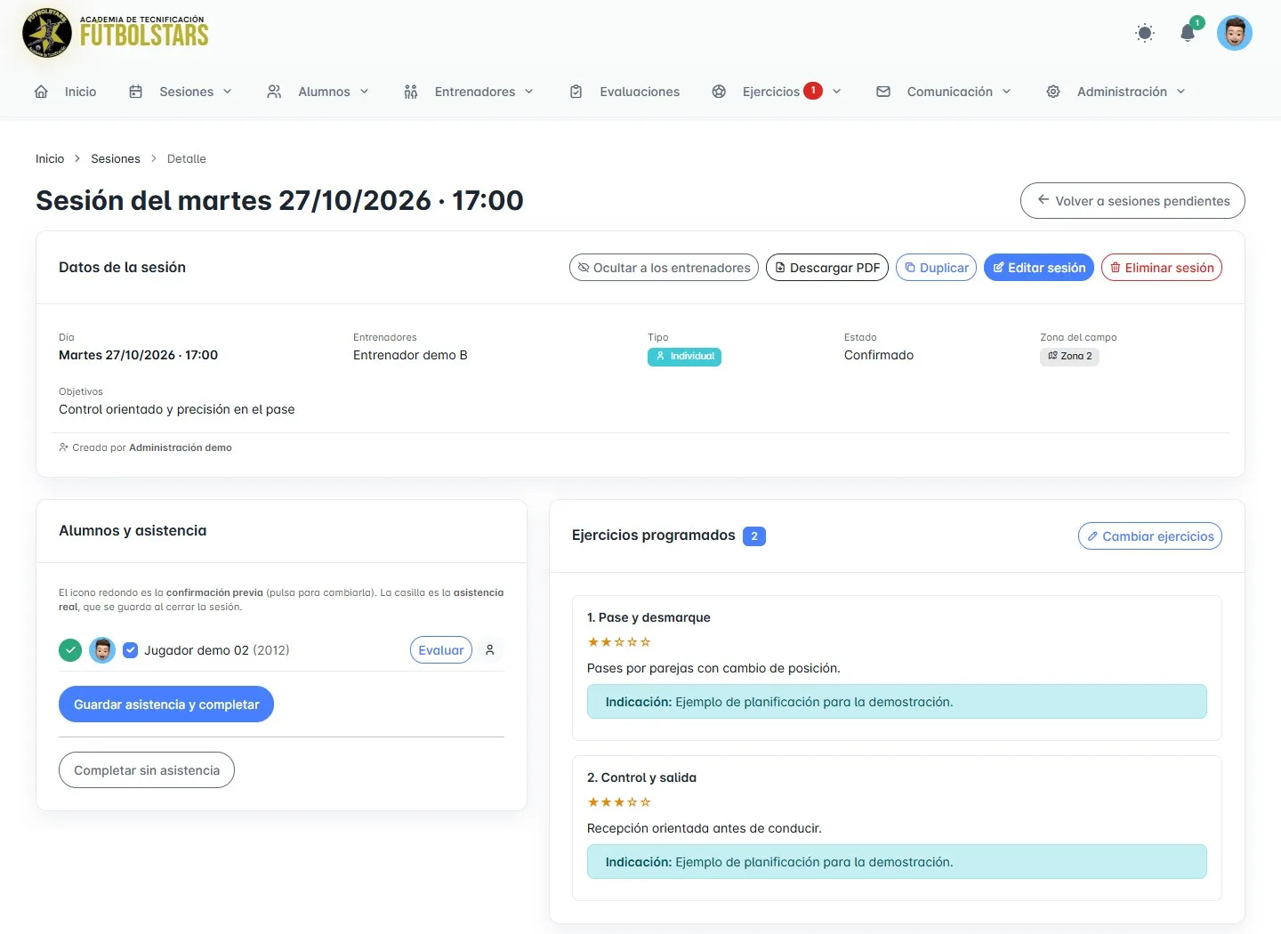Detalle de una sesión con zona del campo, ejercicios programados, confirmación y asistencia