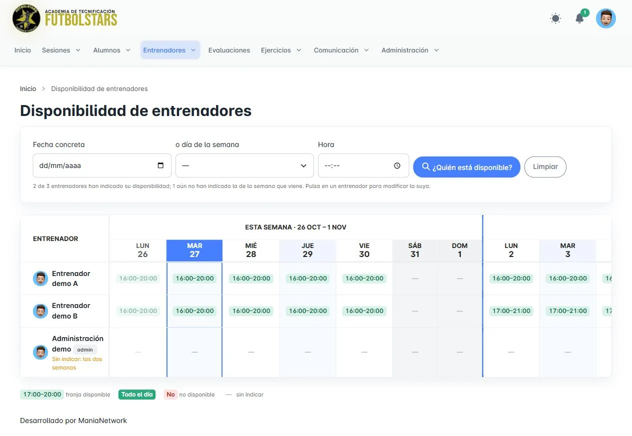 Disponibilidad de los entrenadores por semanas con buscador de quién está disponible