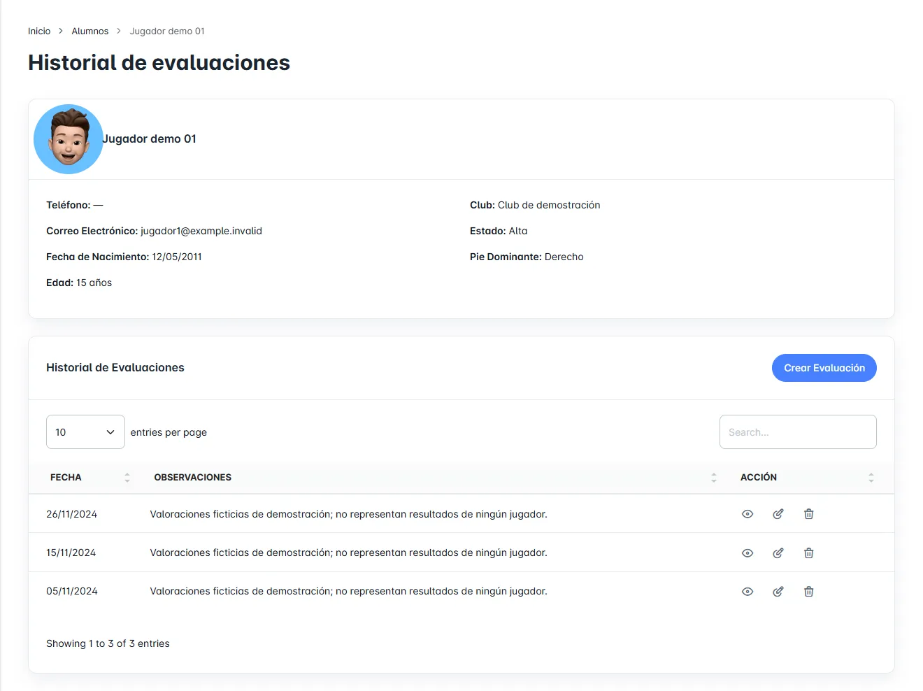 Historial de evaluaciones de un jugador con sus datos deportivos y evaluaciones por fecha