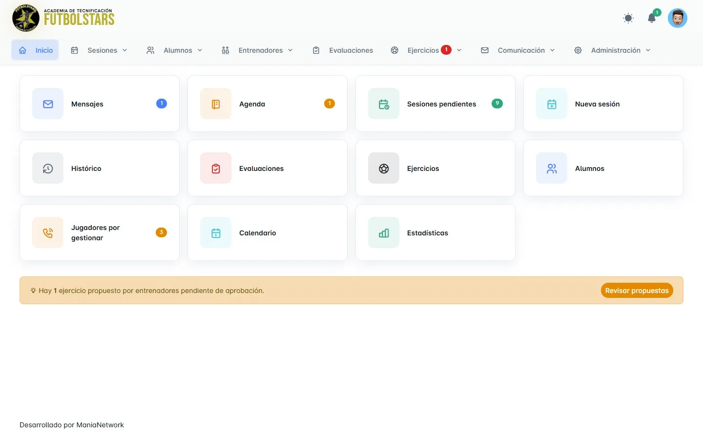 Inicio del panel de administración de FutbolStars con accesos directos en recuadros