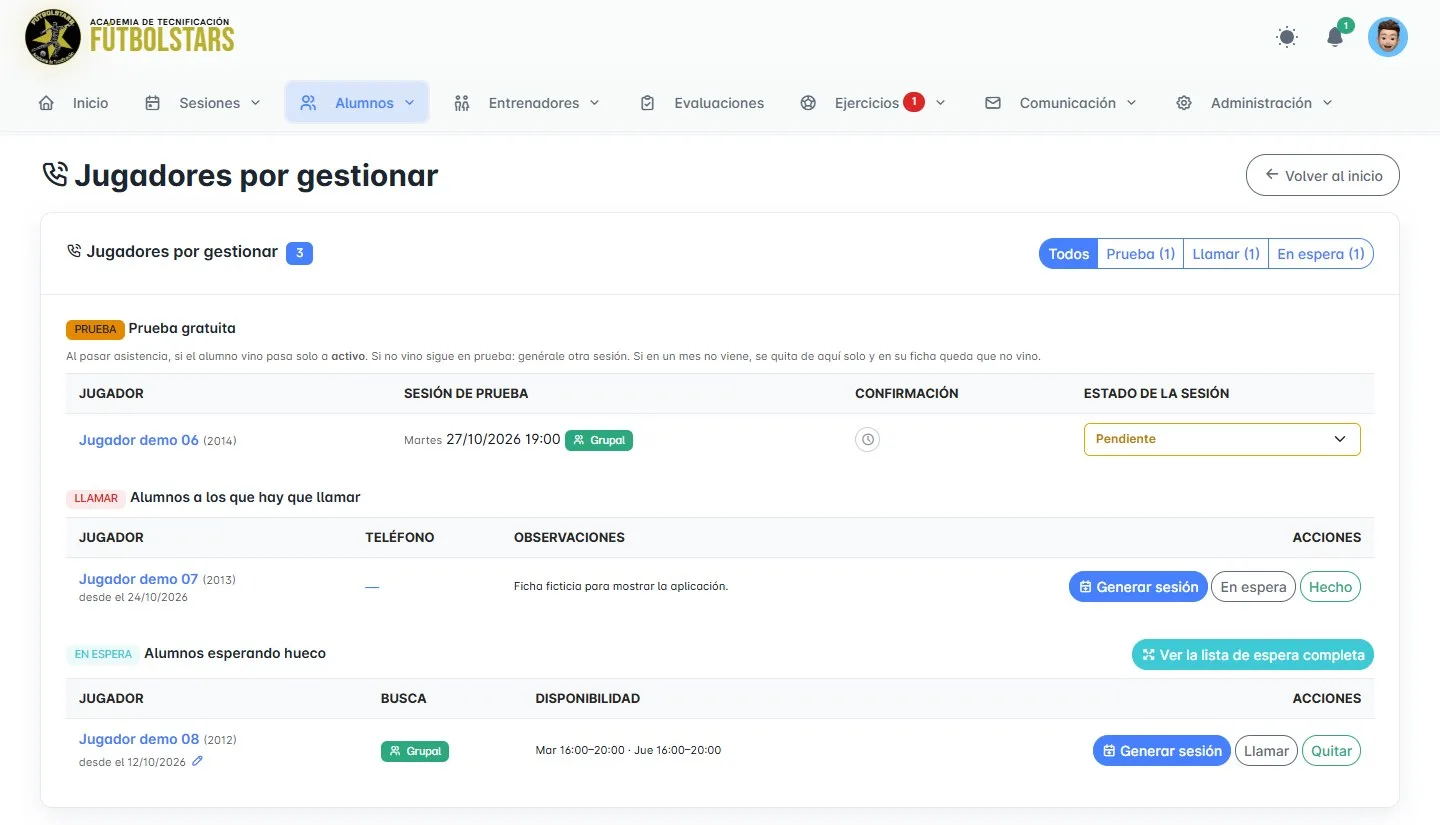 Jugadores por gestionar: prueba gratuita, alumnos por llamar y lista de espera