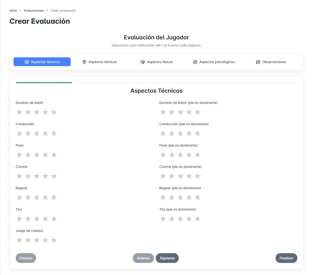 Formulario para crear una evaluación de un jugador con valoración por estrellas y pasos por bloques
