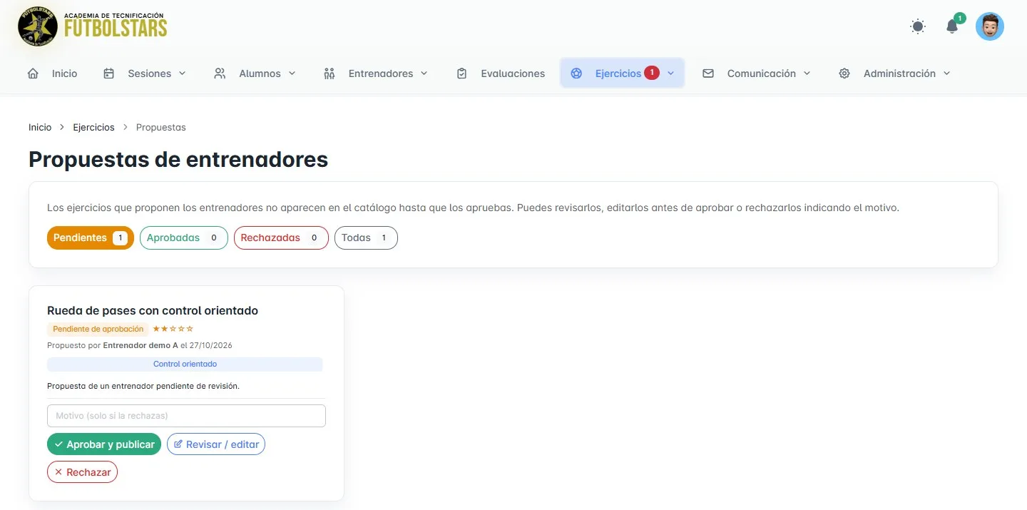 Propuestas de ejercicios de los entrenadores pendientes de aprobación