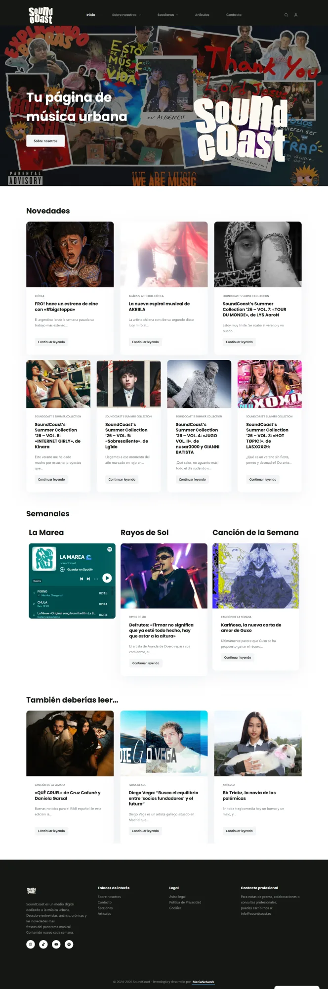 P&aacute;gina de inicio de SoundCoast tras el redise&ntilde;o de diciembre de 2025.
